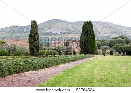 Trees and mountain at hadrian villa, adriana is a large roman archaeological complex at tivoli, Italy