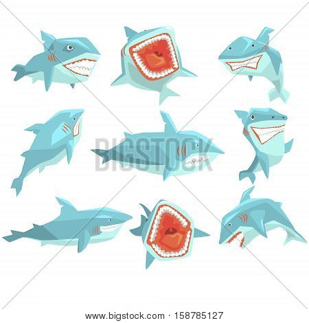 Great White Shark Marine Fish Living In Warm Sea Waters Realistic Cartoon Character Vector Set Of Different Views Illustrations. Collection Of Geometric Funky Drawings With Aggressive Dangerous Marine Species Icons.