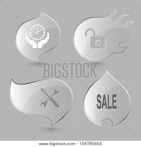 4 images: clock in hands, opened lock, screwdriver and spanner, sale. Business set. Glass buttons on gray background. Fire theme. Vector icons.