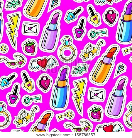 Seamless pattern with decorative fashion patch badges with colorful girls elements. Girl patches in comic cartoon 80-90 style. Vector illustration stock vector.