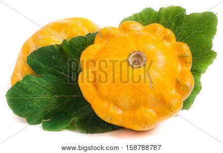 two yellow pattypan squash with leaf isolated on white background.