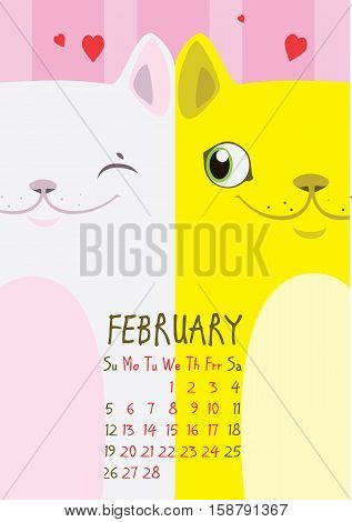 White and yellow cat on a pink background with hearts. From cat lovers. February Calendar