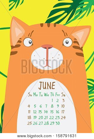 Orange cat on yellow background with green leaves. June calendar