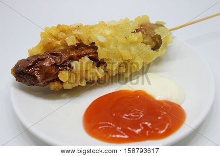 sausage potato satay sauce mayonaise street food