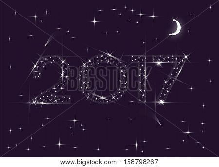 Happy New Year greeting card. 2017 numbers in the night sky made of stars.