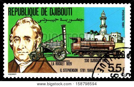 STAVROPOL RUSSIA - November 28 2016: A Stamp printed in the Djibouti shows portrait G. Stephenson circa 1981