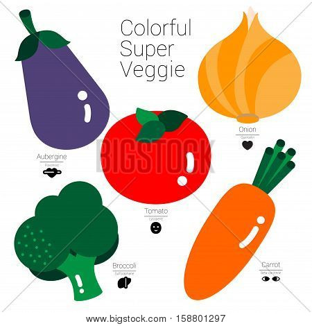 Five colorful vegetables are illustrated in simple shapes and different color pigment these are obviously and easily defined the useful nutritions.