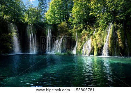 Waterfall inforest,  Plitvice, Croatia