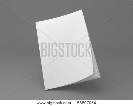 Blank flying magazine mock up with opening pages. 3D illustration cover mock-up template on gray.