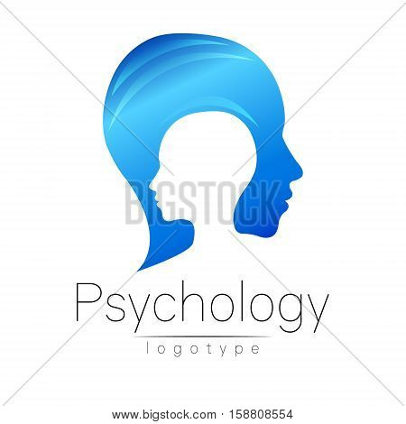 Modern head logo of Psychology. Profile Human. Creative style. Logotype in vector. Design concept. Brand company. Blue color isolated on white background. Symbol for web, print, card. Keyhole