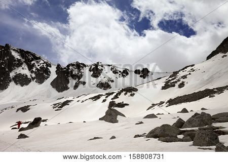 Snow mountain and blue sky with clouds at spring day. Turkey Kachkar Mountains highest part of Pontic Mountains.