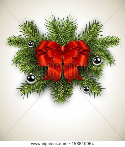 White card with Christmas wreath and red bow. Vector christmas background.