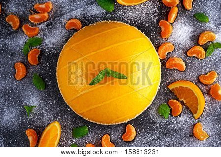 Orange Cake witch mousse, Mandarin saucea and fruit.