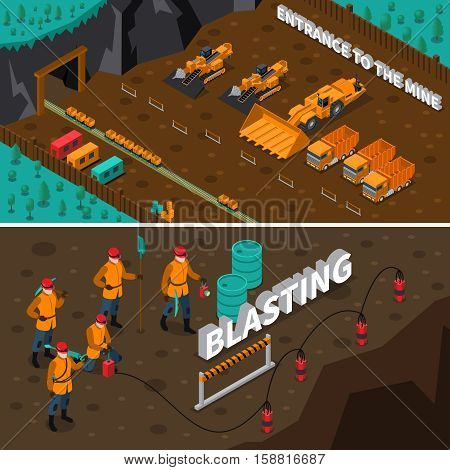 Isometric horizontal banners presenting miner people machinery and process of blasting isolated vector illustration