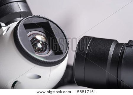 Watch everything. Close up of drone camera lenses as a part of mechanism