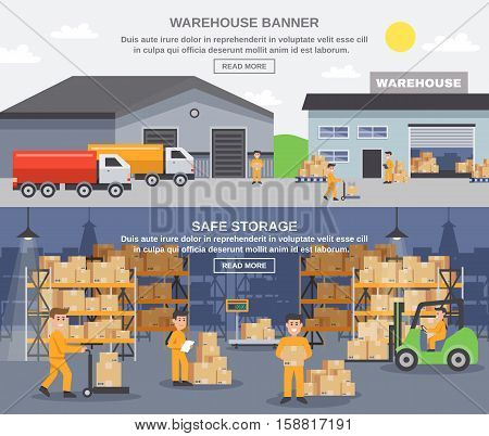 Warehouse horizontal banners with storage workers engaged in loading and unloading of goods flat vector illustration