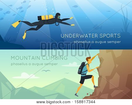 Extreme sports 2 flat horizontal banners banners with underwater diving and mountains rock climbing isolated vector illustration