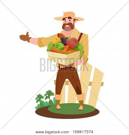 Farmer Hold Box With Fresh Vegetables Eco Farming Market Flat Vector Illustration