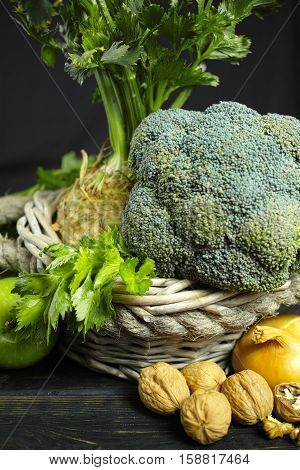 Green vegetables and fruits - celery apples celery root celeriac broccoli healthy diet concept