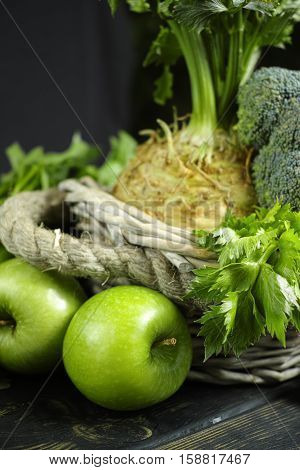 Green vegetables and fruits - celery apples celery root celeriac broccoli healthy diet concept