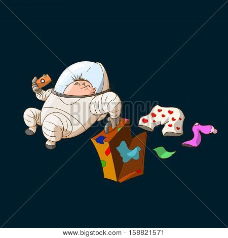 Colorful illustration of a space tourist in zero gravity wearing a suit.