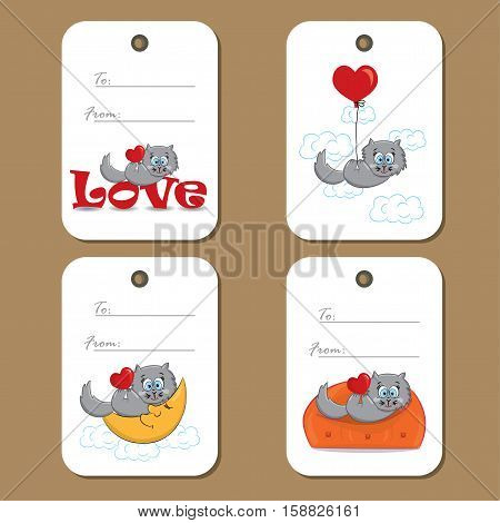 Tags with cute cat in love  for Valentine's Day