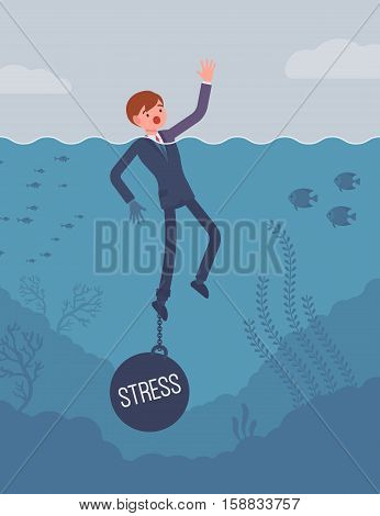 Businessman drowning chained with a weight Stress, suffering with alert and endless headaches, poor family relationships, unable to cope with the pressures. Cartoon flat-style concept illustration