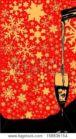 Pouring wine into a tall glass over a christmas snowflake background