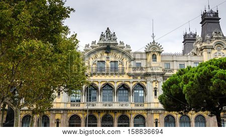 Facade of the central building port of Barcelona, summer Spain