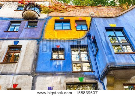 Vienna, Austria - October 14, 2016: Facade Of Huntdertwarsser House In Vienna. The Hundertwasser Hou
