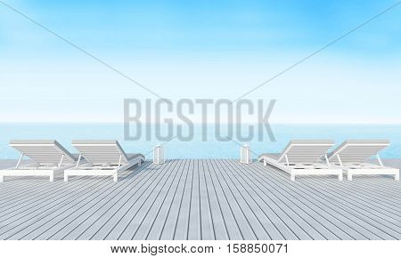 Beach Lounge With Sundeck On Sea View And Blue Sky Background-3D Rendering