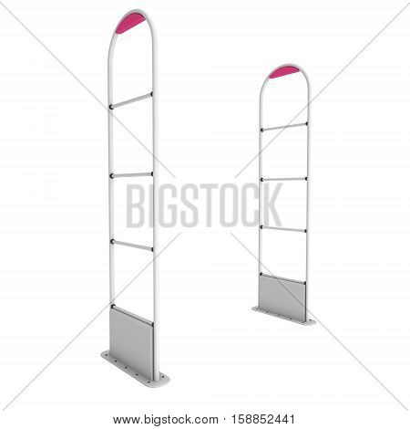 3D shop security anti-theft sensor gates. 3D render illustration of shoplifter scanner isolated on white background. Scanner entrance gate for prevent theft in shop or store. Security concept.