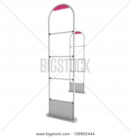 3D shop security anti-theft sensor gates. 3D render illustration of shoplifter scanner isolated on white background. Scanner entrance gate for prevent theft in shop or store. Security concept.