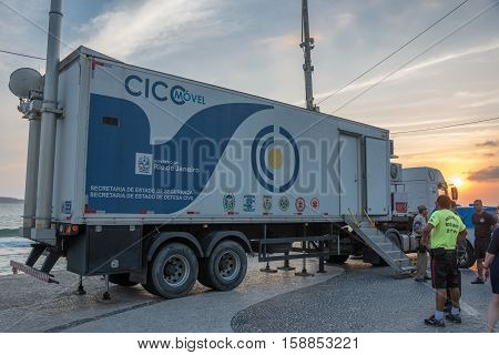 26 November 2016. Big truck of mobile unit of the Integrated Command and Control Centre  at Ipanema beach, Rio de Janeiro, Brazil