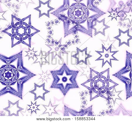 Seamless texture with snowflake fractal ornaments in violet glitter on white. Consists of many snowflakes of several shapes and sizes. Suitable as wrapping paper for Christmas or winter decor.