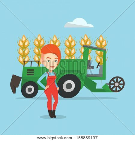 Female caucasian farmer standing on the background of combine harvester working in wheat field. Female farmer and combine harvester harvesting wheat. Vector flat design illustration. Square layout.