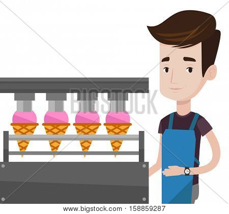 Caucasian worker of ice cream manufacture. Worker of factory producing ice-cream. Man working on automatic production line of ice cream. Vector flat design illustration isolated on white background.