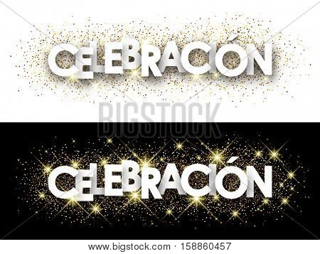Celebration paper banner with shining sand, Spanish. Vector illustration.