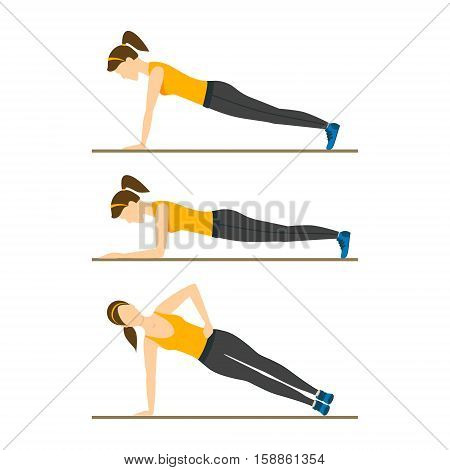 Woman Making Right Plank Position or Posture. Exercise Workout. Flat Design Style Vector illustration