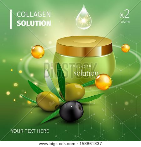 Vector illustration of Realistic Collagen Cream Bottle with green and black olives and drops on green background. Skin Care Cosmetic.