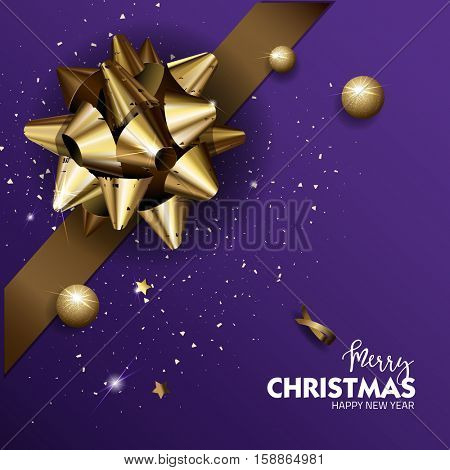 Elegant Merry Christmas or Happy New Year background with gold bow. Vector Illustration.
