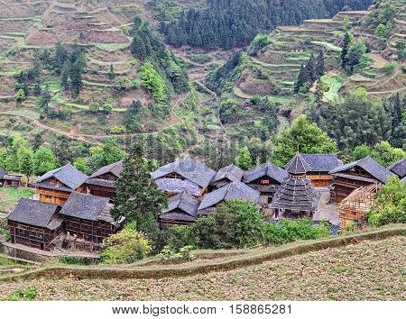 Jilun Dong Village Guizhou Province China - April 9 2010: farming village near Zhaoxing daylight spring countryside south-western China.