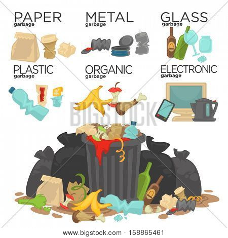 Garbage sorting food waste, glass, metal and paper, plastic electronic, organic. Pile of Smelling Decaying Garbage Left Lying Around. Vector Illustration.