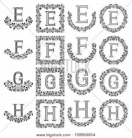 Patterned monograms set of letters E F G H. Heraldic symbols in wreaths floral square and round frames.