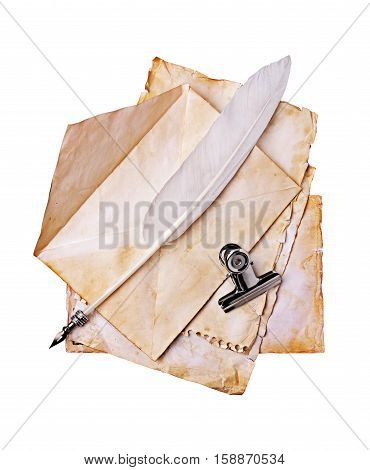 Vintage Letters, Envelope, Feather Pen And Bulldog Clip