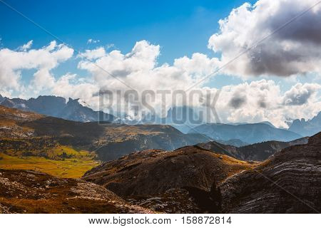 Scenic view of Italian Dolomites on sunny autumn day