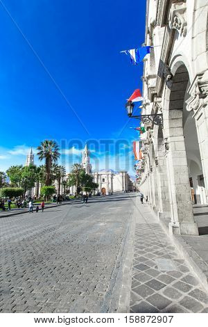 AREQUIPA PERU NOVEMBER 9: Main square of Arequipa with church on november 9  2015 in Arequipa Peru. Arequipa's Plaza de Armas is one of the most beautiful in Peru.