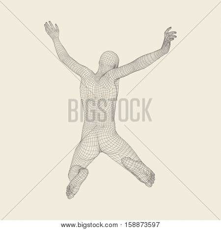 Jump Man. Polygonal Design. 3D Model of Man. Geometric Design. Business, Science and Technology Vector Illustration. 3d Polygonal Covering Skin. Human Polygon Body. Human Body Wire Model.  