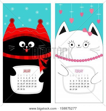 Cat calendar 2017. Cute funny cartoon character set. January February winter month. Snow flake red hat scarf. Hanging pink heart bow bead. Happy Valentines day. Flat design Blue background. Vector