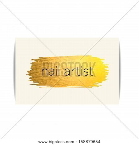 Nail polish business card. Isolated manicure visit card. Fashion template for  beauty salon or nail artist design. Golden paint stroke of hand made gold glitter texture. Vector EPS10 illustration.